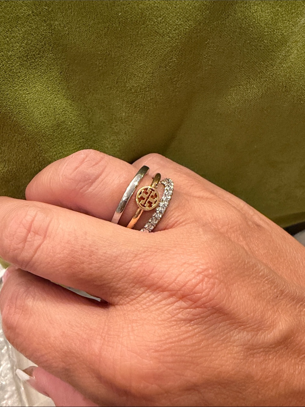 Tory Burch Gold Logo Trio Ring Set with Silver and Clear Crystal Bands - Picture 2 of 2